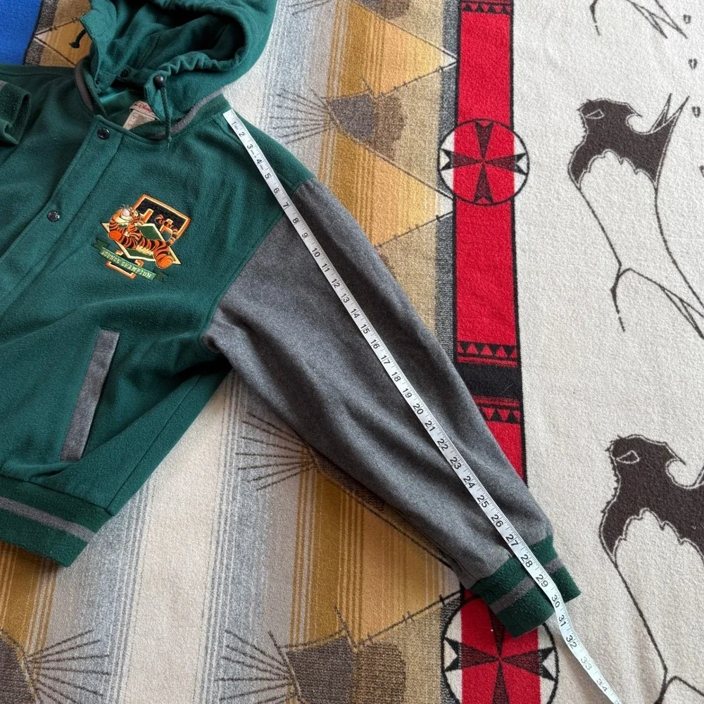Vintage Disney Store Tigger Varsity Jacket Green Wool Blend Hooded Bomber Mens M - Picture 12 of 12